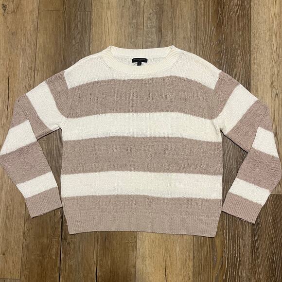 NWOT Banana Republic Thick Stripe Crochet Knit Sweater Sz L Tan Preppy Academia - Picture 1 of 6